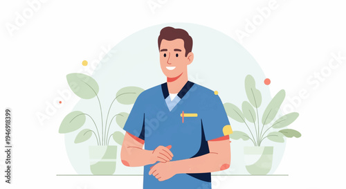 Cheerful male caregiver in blue scrubs, tending to indoor plants, healthy lifestyle depiction