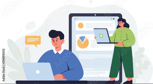 Diverse people collaborate on a large tablet screen displaying charts and data