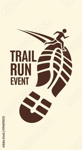 Dynamic Trail Run Event Emblem Depicting Human Silhouette Over Footprint Illustration