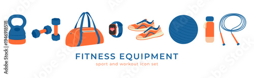 Flat vector illustration of fitness equipment including running shoes, kettlebell, gym bag, smartwatch, water bottle, jump rope, dumbbell and yoga ball isolated on white background.