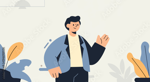 Modern man in a suit waves hello amidst abstract foliage and a ceiling light