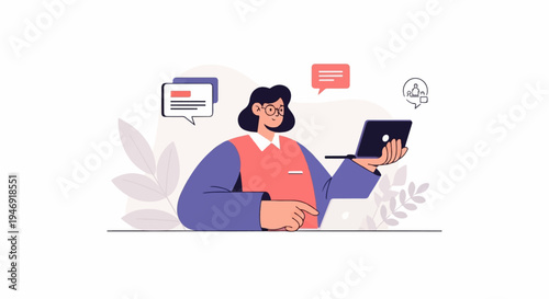 A person with glasses using a laptop and communicating via speech bubbles