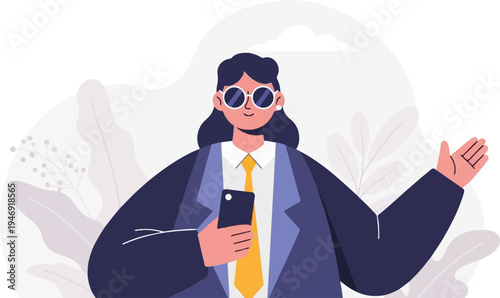 Stylized figure in suit and sunglasses holds phone, gesturing with one hand