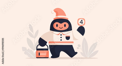 A cute, stylized character with a festive hat walks, holding a bucket and a number sign