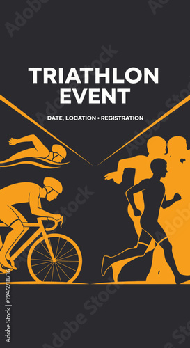 Dynamic Triathlon Event Announcement Featuring Swimmers, Cyclists, and Runners in Motion