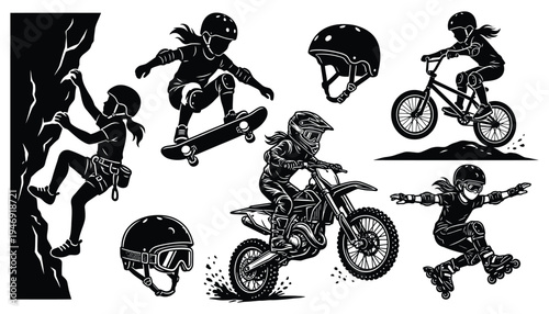 Girls active lifestyle and outdoor sports illustration collection