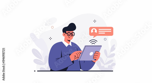 A person with glasses interacts with a tablet, a notification bubble hovers above