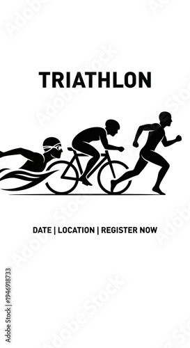Dynamic Triathlon Event Announcement: Swimming, Cycling, and Running Silhouette Design