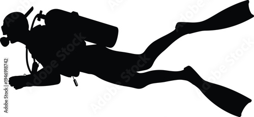 Black silhouette scuba diver swimming underwater with tank, fins, mask, regulator, marine exploration vector illustration artwork design
