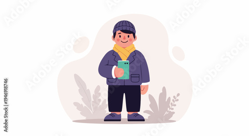 Cheerful person in warm clothing holding a smartphone, surrounded by abstract shapes and foliage