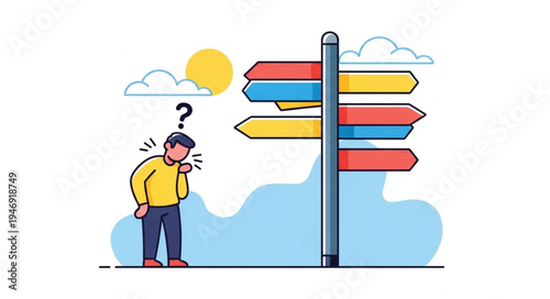 Man confused at sign post.