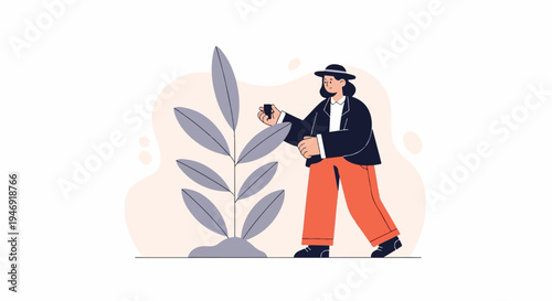 Person in hat and jacket examining a tall plant with large leaves