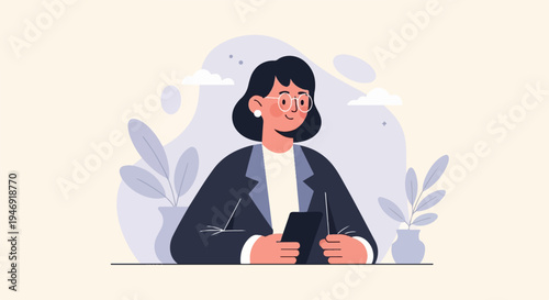 A smiling woman in a blazer and glasses holds a tablet, with plants and clouds in background