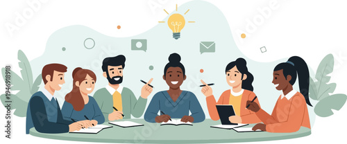 Diverse group brainstorming around a table with an idea bulb