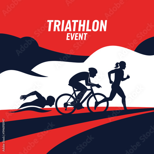 Dynamic Triathlon Event Silhouette Depicting Swimming, Cycling, and Running Against Red Backdrop