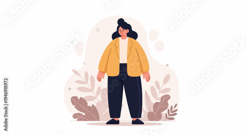 Stylized woman in yellow jacket and dark pants stands amidst botanical shapes