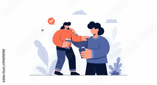 Two stylized figures share a moment, one comforting the other with a hand on their shoulder