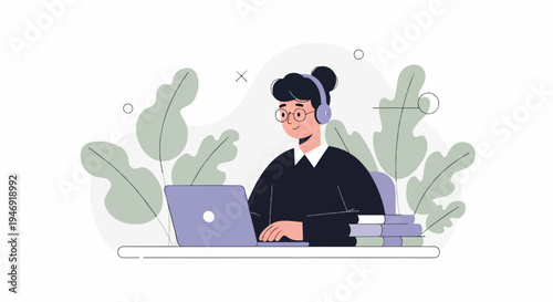 Person with headphones and glasses works on a laptop next to books, surrounded by plants
