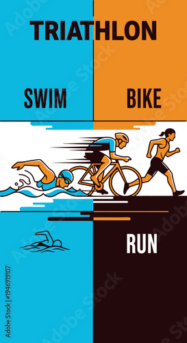 Dynamic Triathlon Illustration Showcasing Swimming, Cycling, and Running in a Vibrant Graphic Style