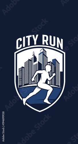 Dynamic Urban Marathon Logo Showcasing Runner Silhouette and Cityscape Elements