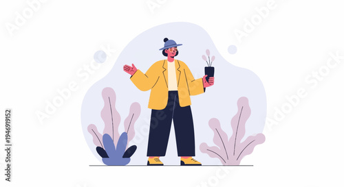 Stylized person in yellow jacket and blue hat holds plant pot amidst abstract foliage