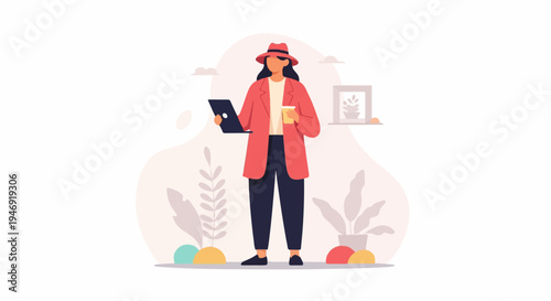 Modern woman in hat with laptop and coffee, surrounded by plants