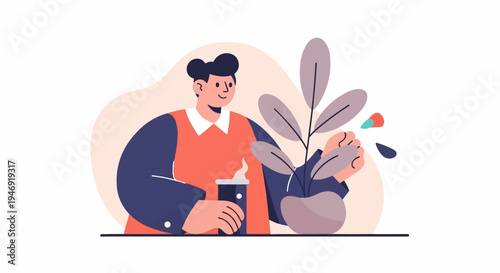 A person holds a cup and tends to a plant with care