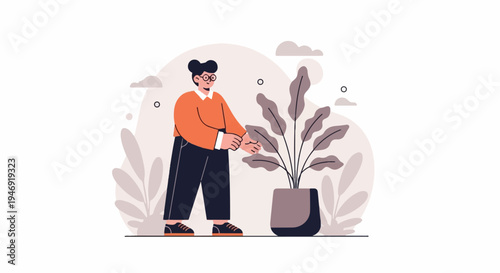 Person tending to a potted plant with stylized background elements