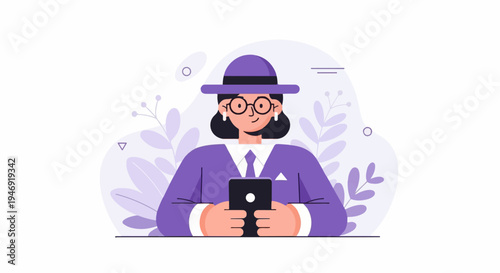 Stylized person in a hat and glasses using a mobile phone with abstract floral background