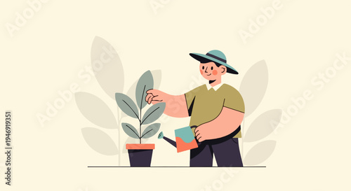 Cheerful person waters potted plant with a watering can