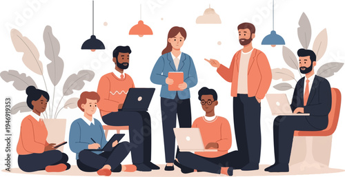 Diverse group of people collaborating on projects in a bright, modern office space