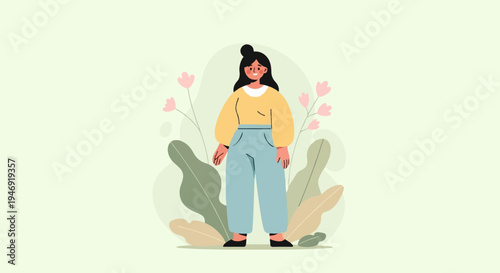 A stylized woman stands among soft-hued plants and flowers