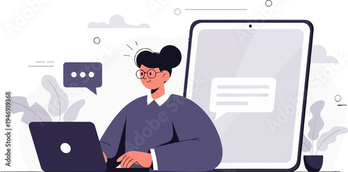 Person on laptop and tablet, with chat bubbles and plants, illustration