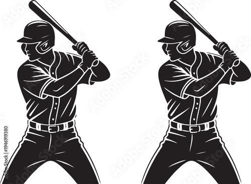 Two stylized silhouette baseball players in batting stance holding baseball bats ready to swing on a white background
