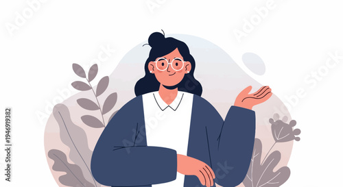 Animated woman with glasses and a bun gestures invitingly amidst soft, muted botanicals