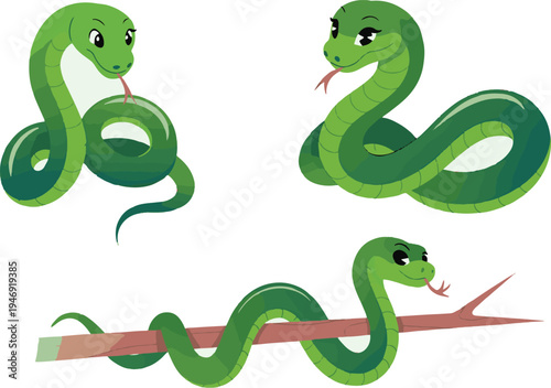 Three cartoon green snakes with playful expressions are displayed on a transparent background in a studio setting