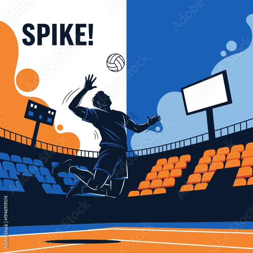 Dynamic Volleyball Action Depicted Silhouette Player Spiking Ball in a Vibrant Stadium