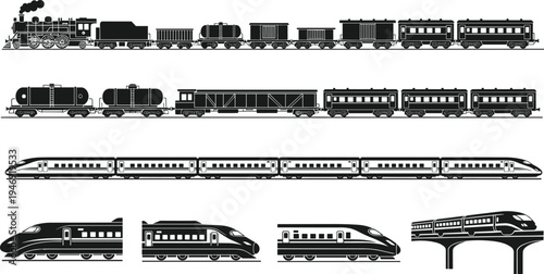 Vintage Steam Locomotive And Modern High Speed Train Silhouette Collection Featuring Freight Wagons Passenger Cars And Railway