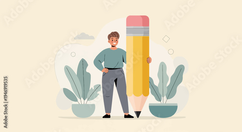 A young person stands proudly, holding a giant pencil amidst stylized plants