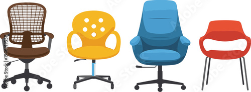 Collection of four modern office chairs in different colors and styles isolated on a transparent background