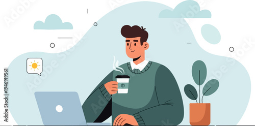 Cheerful person with coffee working on laptop near a plant with sun icon