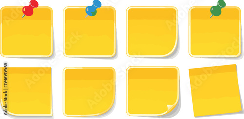 Collection of eight yellow sticky notes with rounded corners some secured with pushpins isolated on a white background