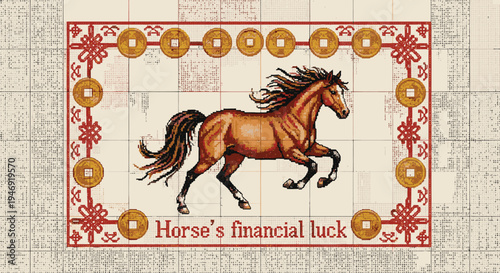 Horse Embroidery Design with Coins and Luck Theme.