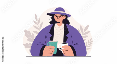 Stylish person wearing a hat and glasses, holding two mugs with beverages