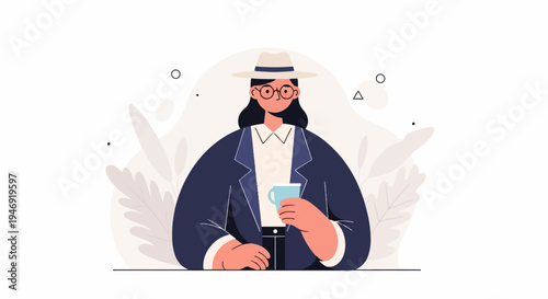 Person wearing a hat and suit, holding a blue cup with leaves in background