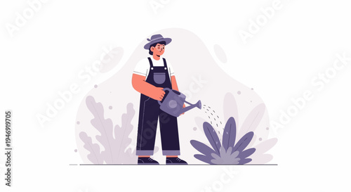 Gardener with hat and overalls waters a plant with a watering can