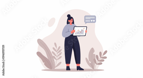 A woman presents a tablet with a growing financial chart, accompanied by a chat bubble