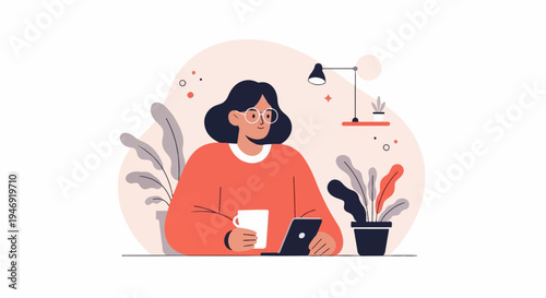 Person with glasses and coffee works on laptop surrounded by plants and desk lamp
