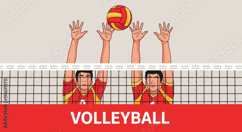 Dynamic Volleyball Action: Players Spiking the Ball Over The Net During Intense Competition