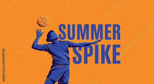 Dynamic Volleyball Action: Summer Spike Illustration Against Orange Background